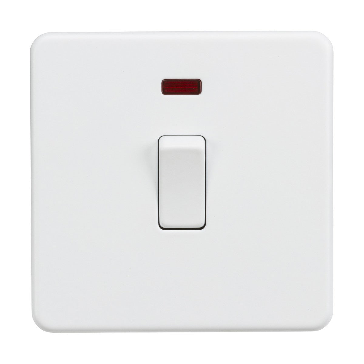 The 20A 1 Gang DP Switch Neon - Matt White (Screwless) features a neon indicator above the lever on a white background and is shown in the off position.