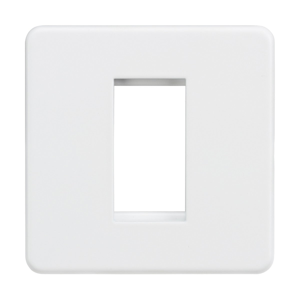 The Screwless 1 Gang Modular Faceplate in Matt White is a sleek product featuring a single rectangular opening for a switch, designed with a modern screwless finish. Crafted from premium grade steel, its smooth and unadorned surface offers a clean, contemporary look.