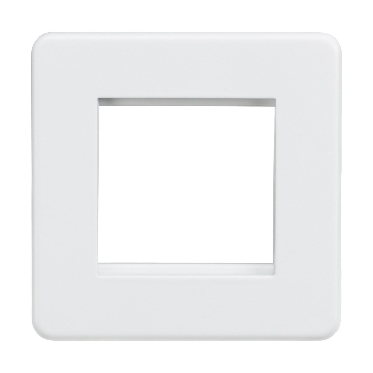 The 2 Gang Modular Faceplate in matt white is a square plastic frame with a central rectangular cutout, perfect for outlet covers. This screwless design boasts an elegant finish suitable for any setting.