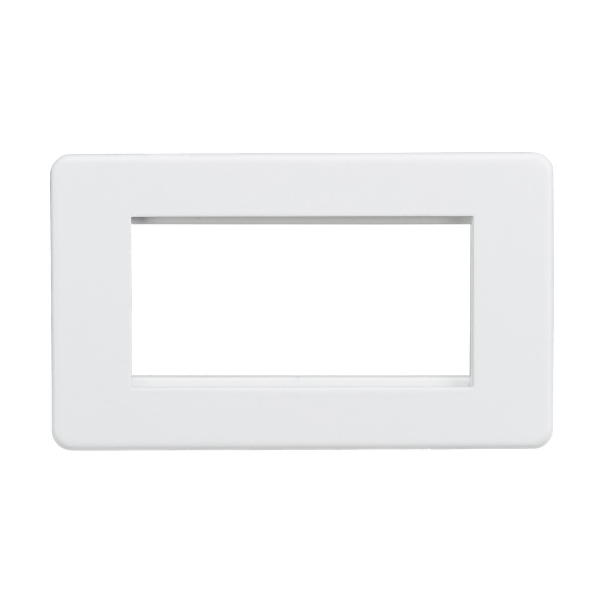 The 4 Gang Modular Faceplate in Matt White is a sleek, rectangular light switch cover made from premium-grade steel. It features a central opening for switches and boasts a screwless design, resting elegantly against a plain white background.