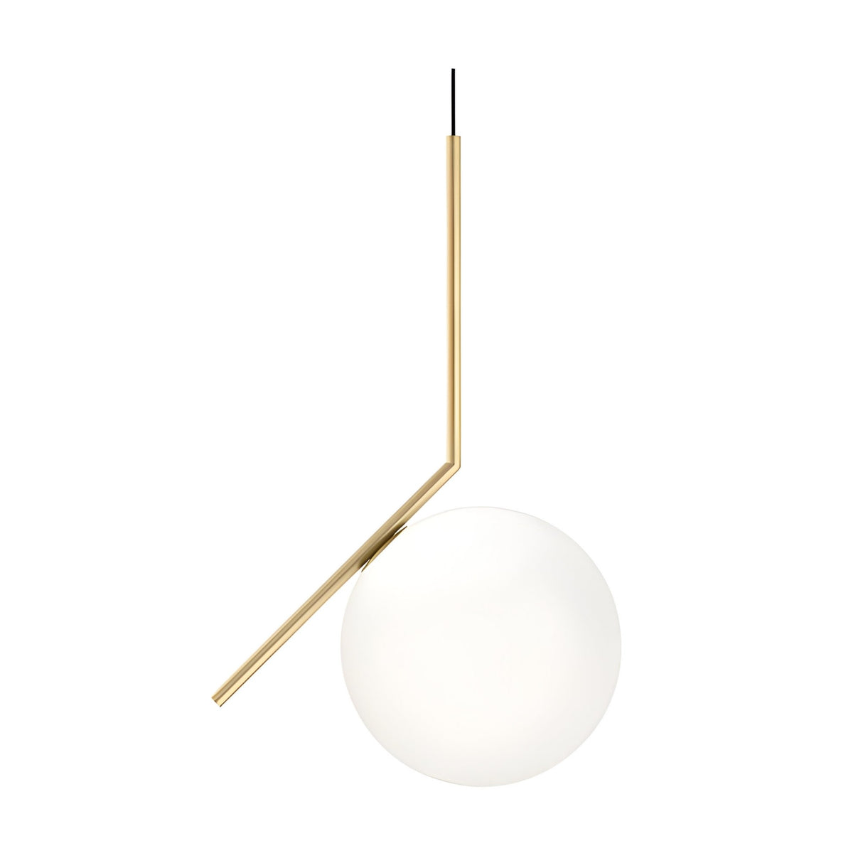 The Vetra Opal Glass Large Pendant Light - Gold features a round white opal glass globe and sleek angled gold rod, suspended by a black cord, creating a minimalist look against a plain white background.
