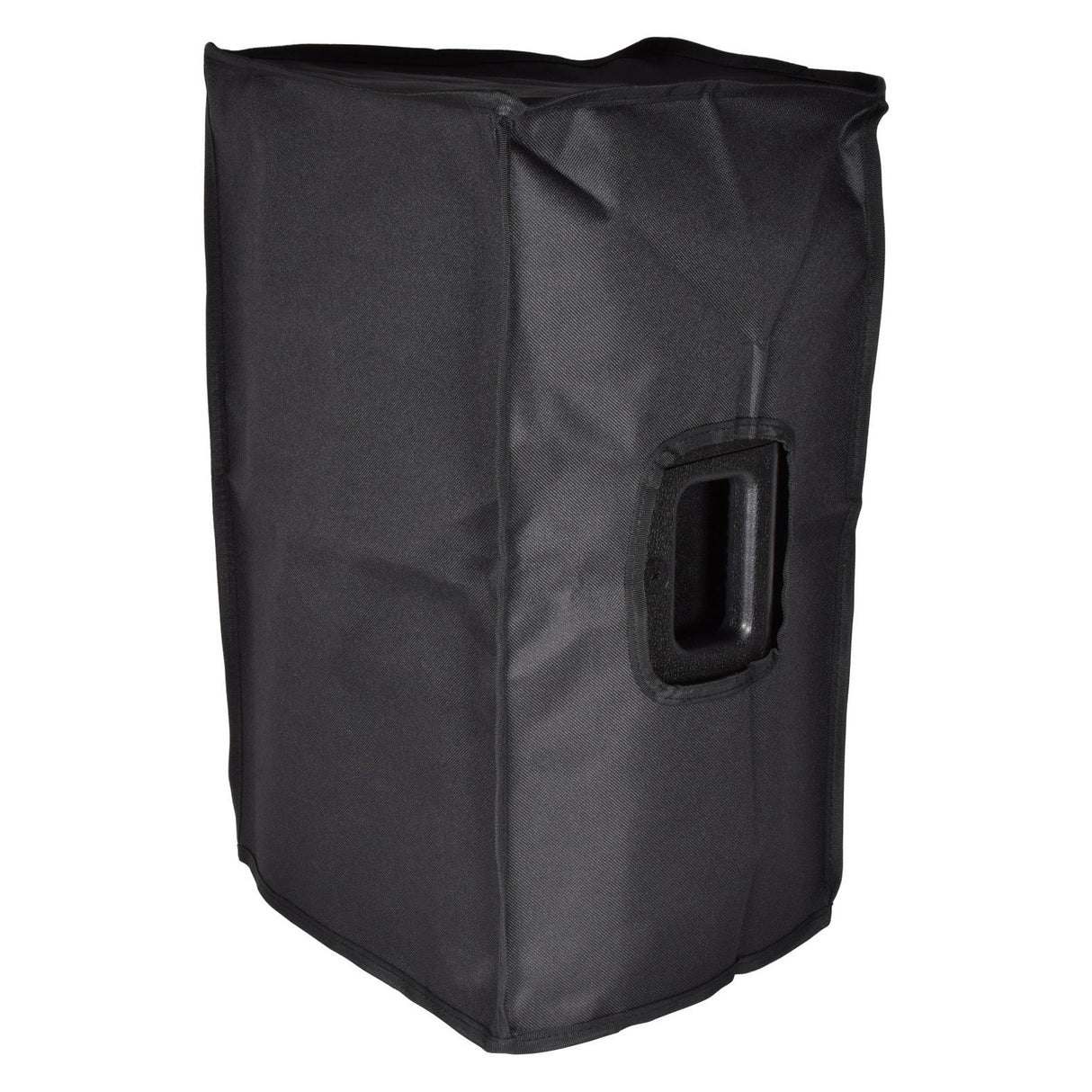 Introducing the Citronic CASA-10 Speaker Slip Cover, a black, square fabric cover designed specifically for Citronic CASA speakers. It features a cutout handle on one side for easy carrying, offering robust protection while maintaining a sleek and professional look that perfectly complements PA cabinets.