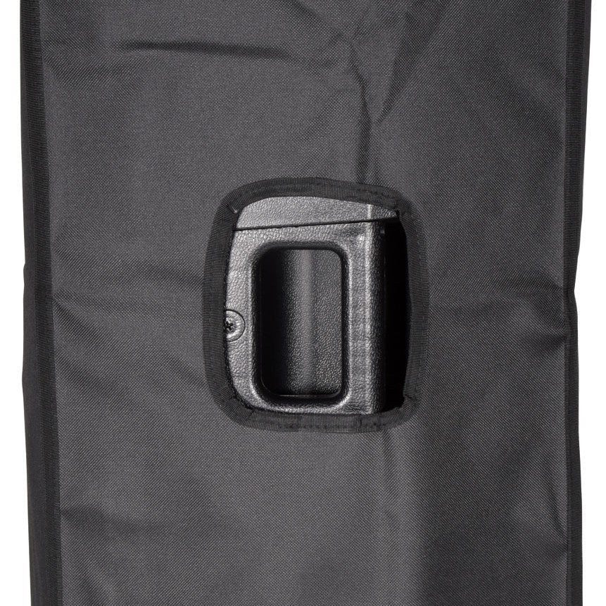 Close-up of the Citronic CASA-12 slip cover by AVSL, showing the black Oxford fabric with a cut-out access hole around the speaker's moulded carrying handle.