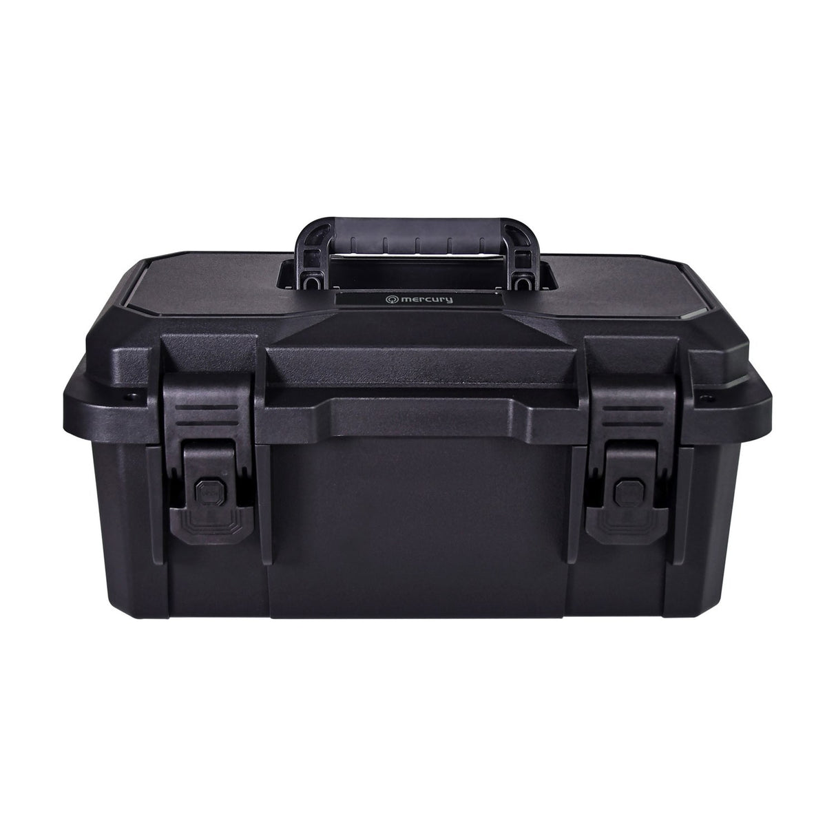 Mercury MTC-37 small IP67 waterproof equipment case in black polypropylene with rubberised carry handle and twin press-to-unlock latches, on a white background.