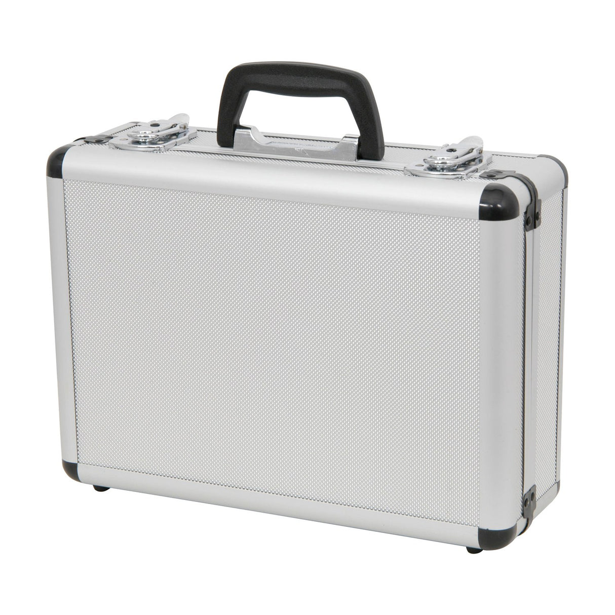 Chord MFC330 aluminium microphone flight case with diamond-patterned silver shell, black carry handle and lockable chrome catches on a white background.