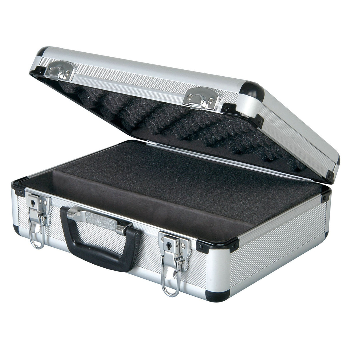 The Chord Microphone Flight Case is an open silver briefcase with a sleek aluminum finish, complete with a black handle and foam padding inside. This storage case is empty and features lockable catches, metal latches, and corner protectors for enhanced security.