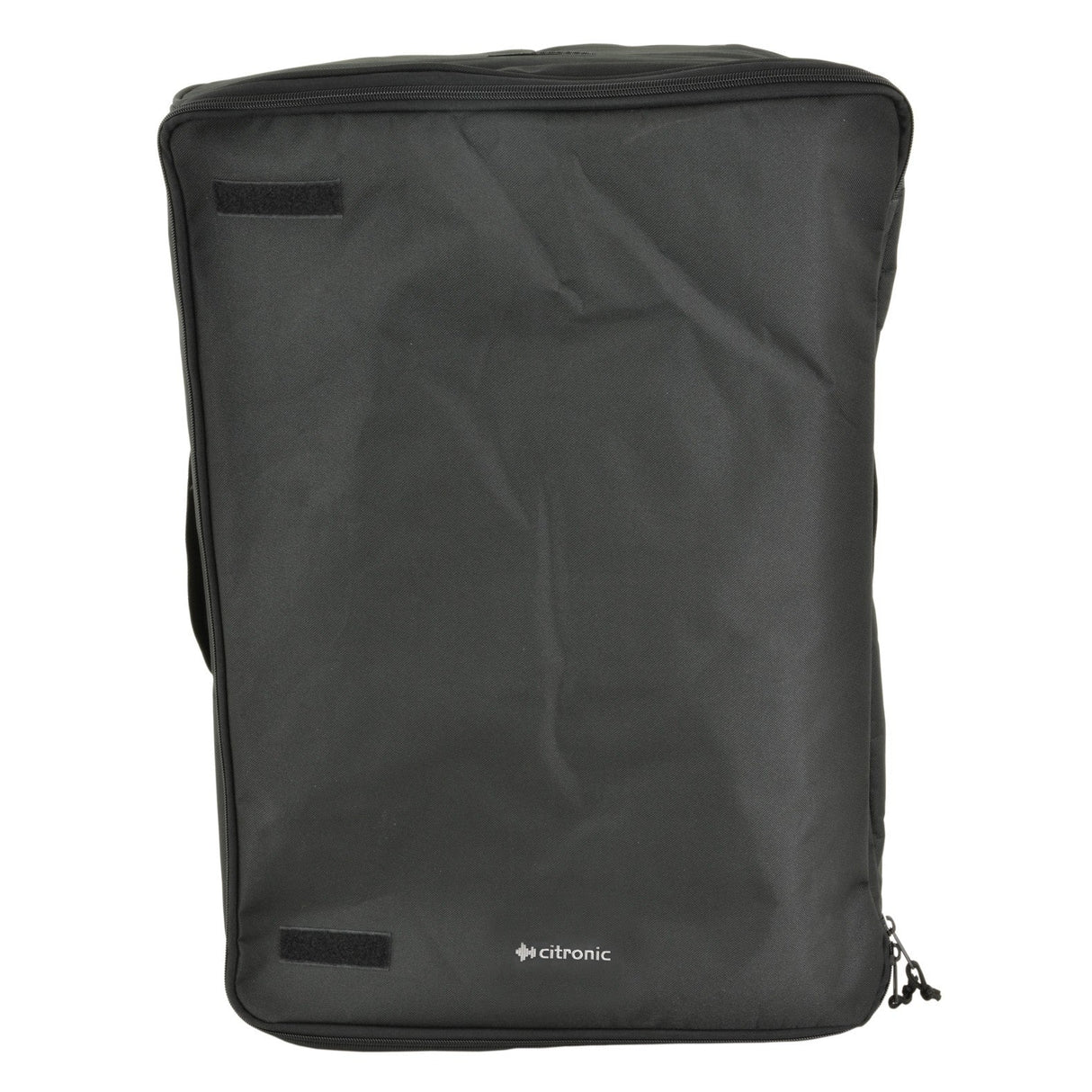 A Citronic Padded Travel Bag for 12" Moulded Speakers, featuring a black, rectangular design with padded fabric, zipper, and handle for equipment transport. It is expertly crafted to carry speakers and stands upright against a plain white background.