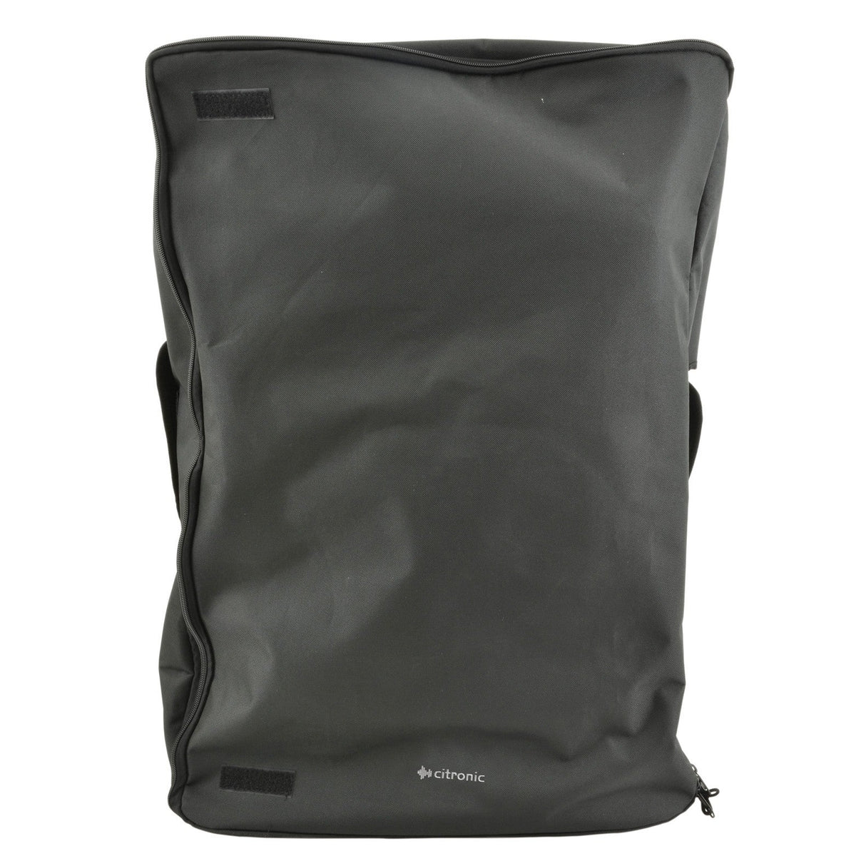 The Citronic Travel Bag for 15" Moulded Speakers is a large, rectangular black backpack with a smooth, minimalist design that provides excellent speaker protection. It features the Citronic brand name printed at the bottom and includes a top handle and side straps. This bag is part of our padded carry bags collection for versatile use.