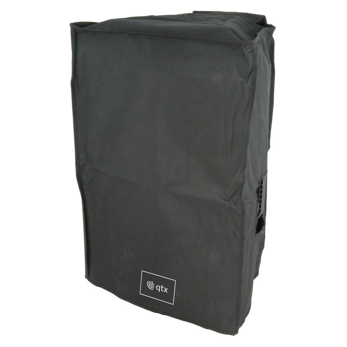 The QTX QR15 Speaker Slip Cover, compatible with the QR15, QR15A, or QR15PA range, offers a black, water-resistant protective design that elegantly fits over your rectangular speaker. It features the QTX logo in white on the front and includes side handle cutouts for easy transport.