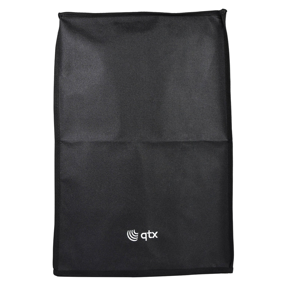 The QTX QR12 Speaker Slip Cover is a black rectangular protective slip-on cover featuring the qtx logo and a white circular emblem at the bottom center. Designed for use with QR-series speakers, it is made from water-resistant and durable fabric, carefully folded for convenient use.