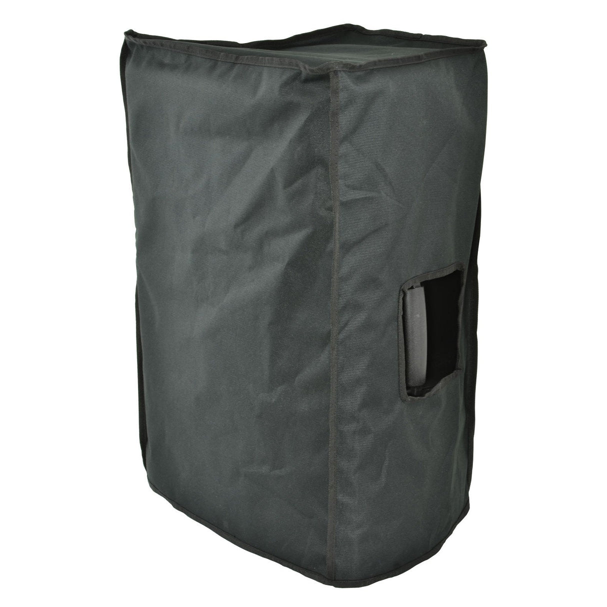 The QTX 12 Speaker Slip Cover, in black, features a side rectangular opening that partially reveals the speaker. Made of durable, water-resistant fabric, it offers a secure and protective fit around your speaker.