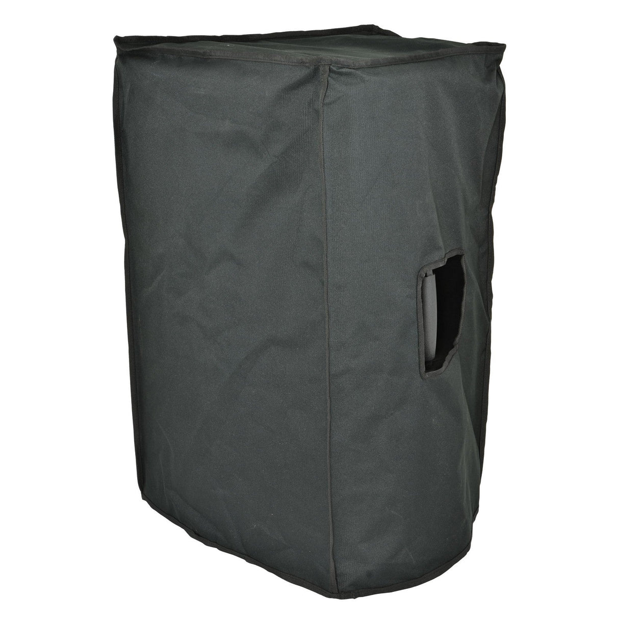 The QTX 15" Speaker Slip Cover in dark green is crafted from water-resistant material and features a side handle cutout. This durable fabric is designed to fit over a large speaker, offering protective slip-on coverage for convenient carrying and additional protection.