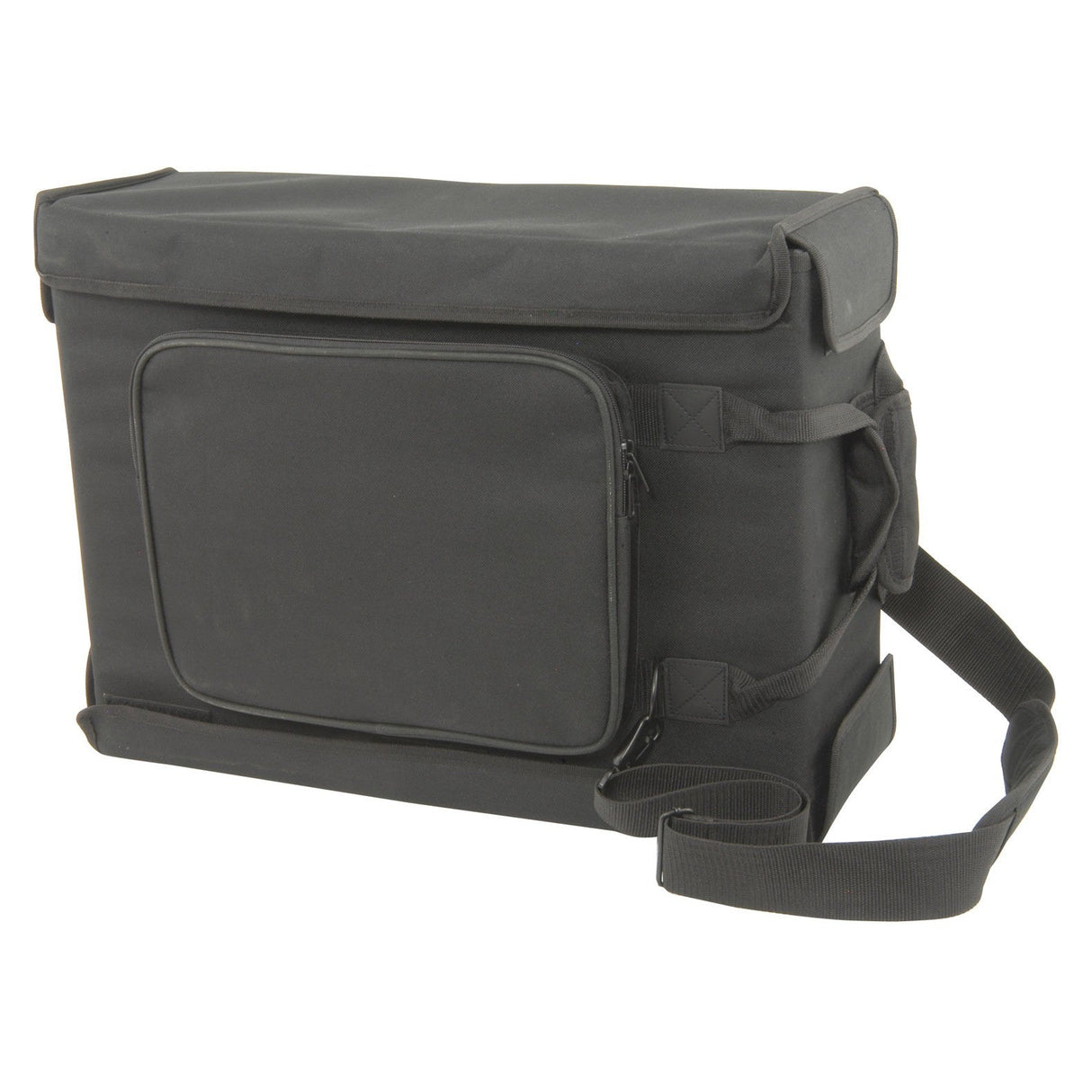 The Chord Rack Bag - 3U is a durable option with its black rectangular insulated design and robust wooden frame. It also includes a front zippered pocket, two side handles, and a detachable shoulder strap for added convenience.