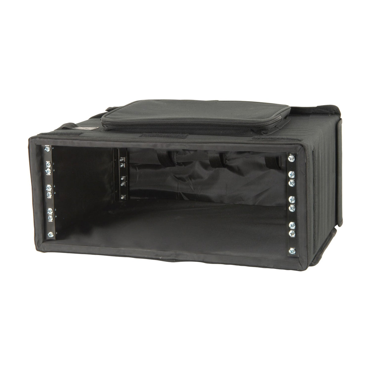 Chord RACKBAG4U padded 4U 19" rack bag in black with front flap open, showing metal rack strips with bolts and internal wooden frame.