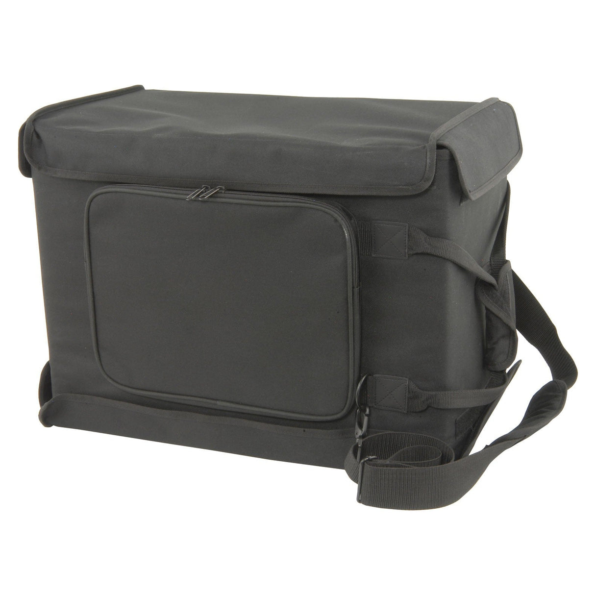 Introducing the Chord Rack Bag - 4U: A spacious black padded delivery bag featuring a convenient front zipper pocket and an adjustable shoulder strap. This bag is designed for durability and versatility, perfect for transporting food or other temperature-sensitive items.