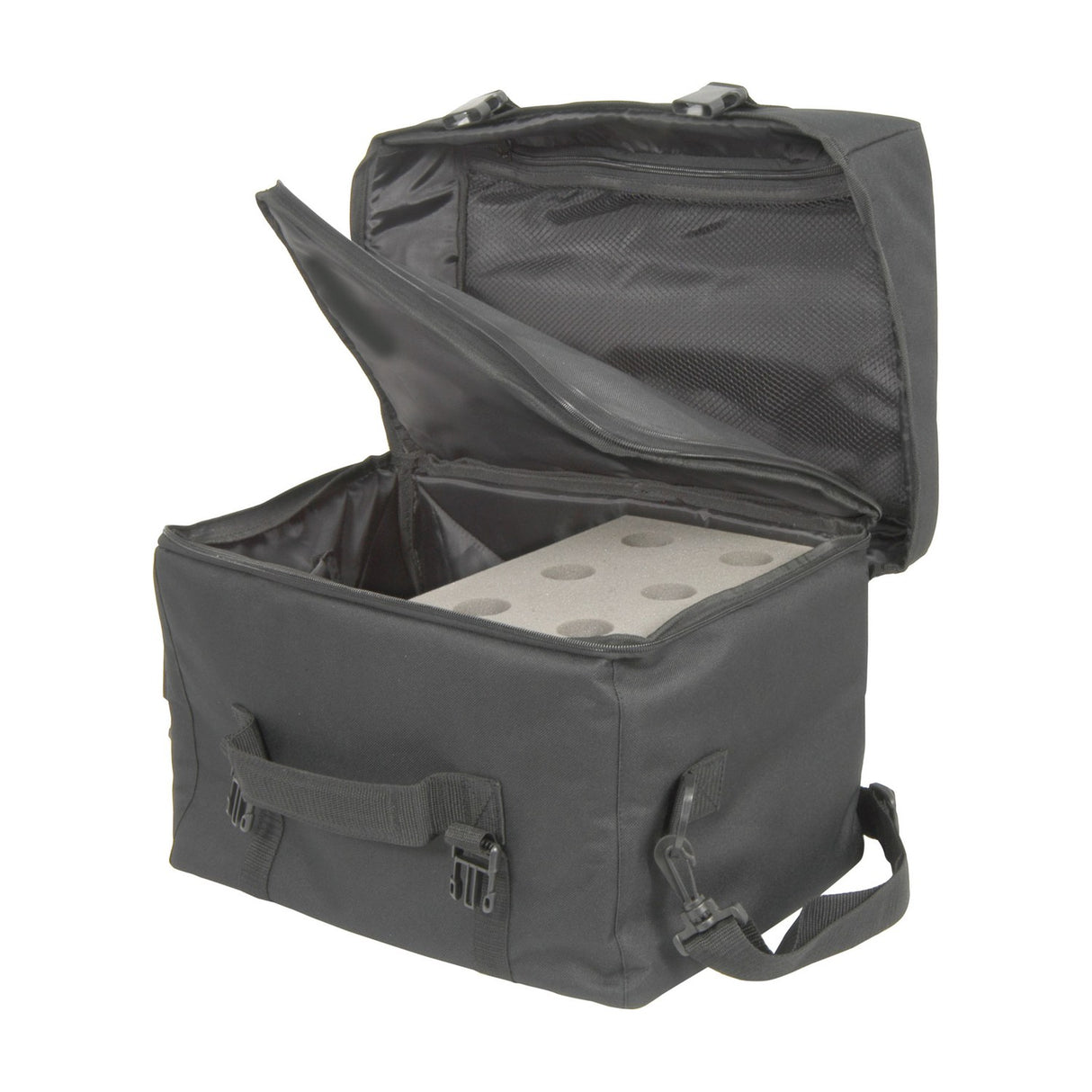 Chord MLBAG6 padded black transit bag open to show shaped foam block for six microphones, carry handle and shoulder strap, on a white background.