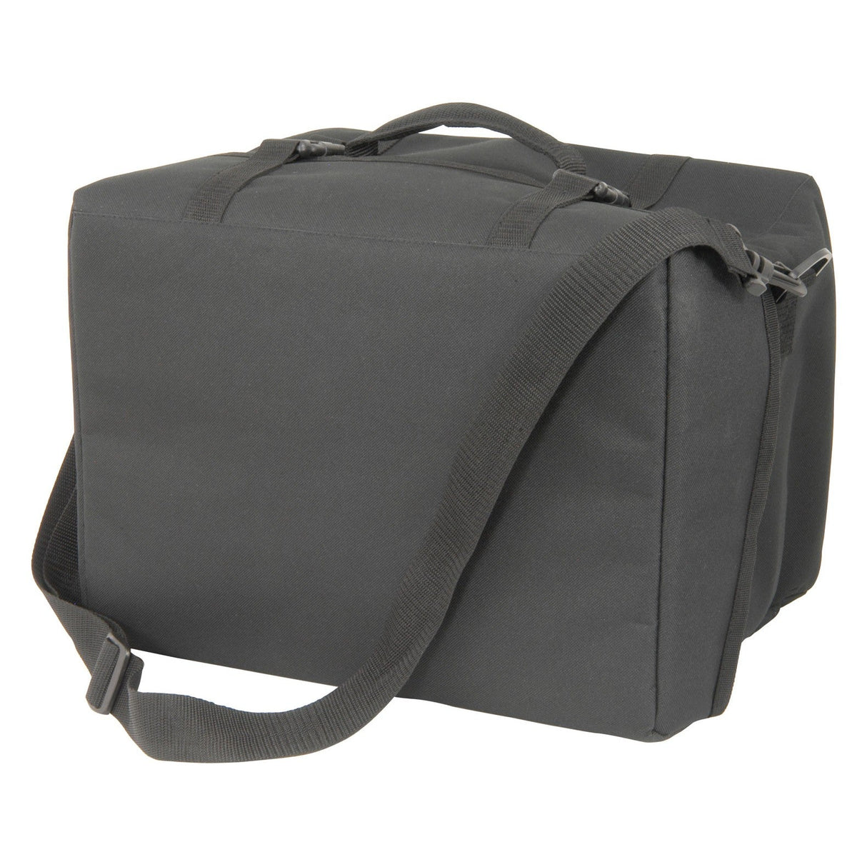 The Chord Transit Bag for 6 Microphones + Leads is a black rectangular bag featuring a zippered top, short handles, and an adjustable shoulder strap. Its padded design offers sleek simplicity while ensuring safe and convenient transport of your items.
