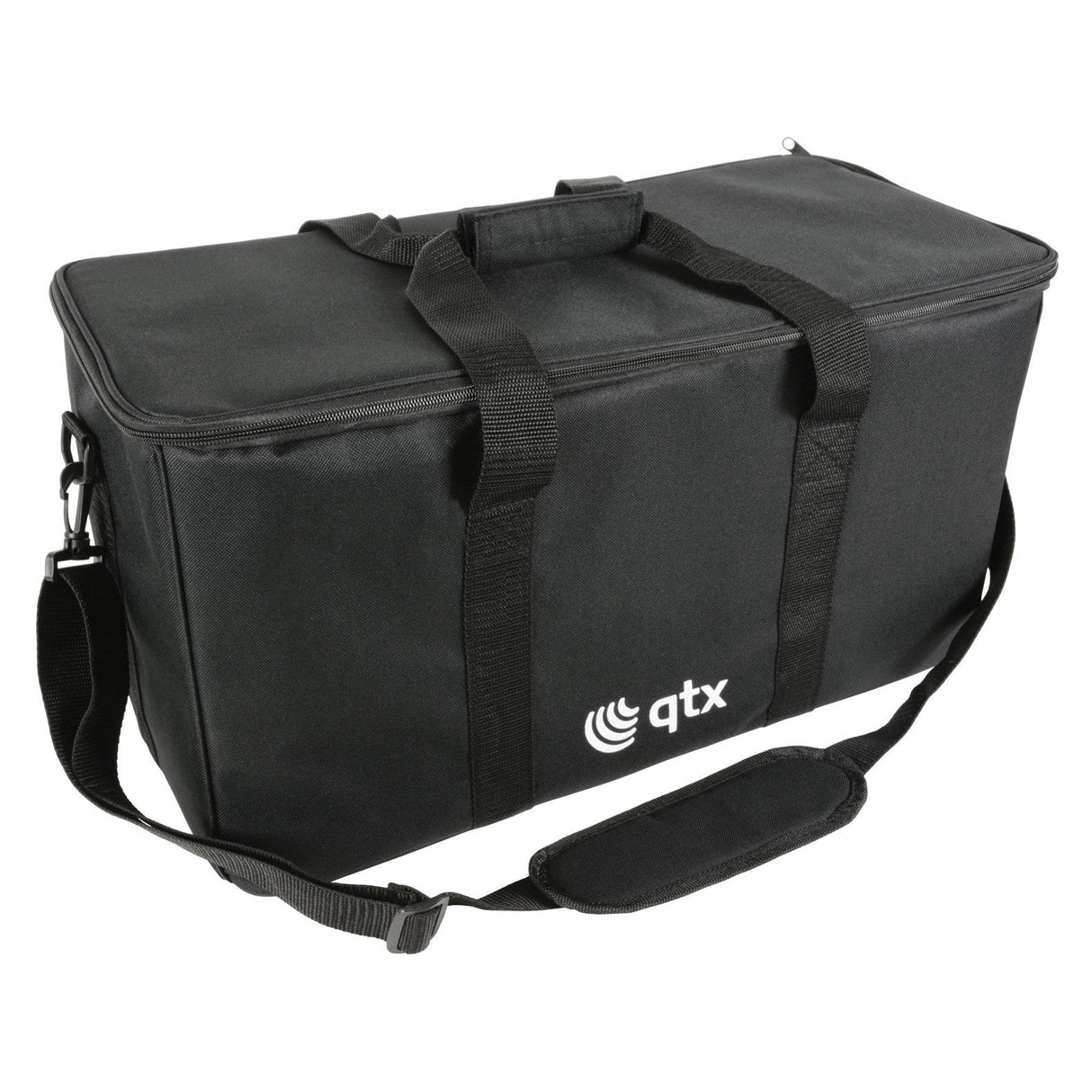 The QTX 4-Way PAR Can Carry Bag is a black rectangular padded transit bag equipped with a shoulder strap and handles. It features the qtx logo in white on the side and includes removable dividers for convenient organization.