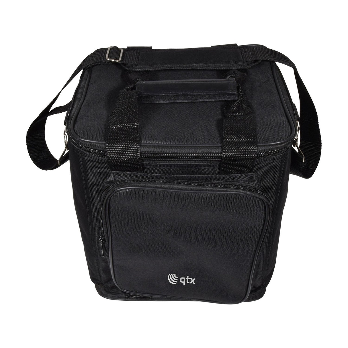 QTX padded moving head bag in black nylon with front zip pocket, top grab handle, adjustable shoulder strap and Velcro handle flap, on a white background.