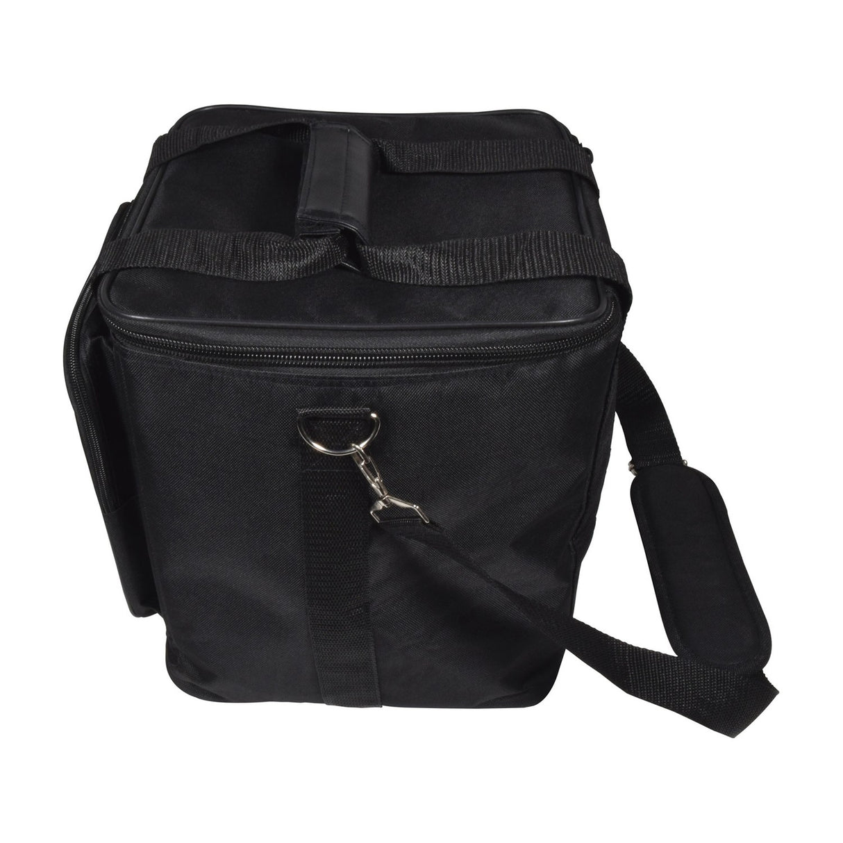 QTX padded moving head bag in black nylon with front zip pocket, carry handle, and padded shoulder strap with metal clip, on a white background.