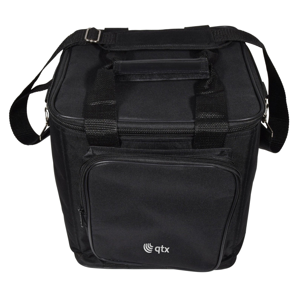 The QTX Moving Head Bag is a black nylon carry bag equipped with both a top handle and a shoulder strap. Its padded design ensures extra protection, and it features a front pocket with a zipper adorned with the white qtx logo. The open top reveals its interior, which includes removable dividers for customizable storage options.