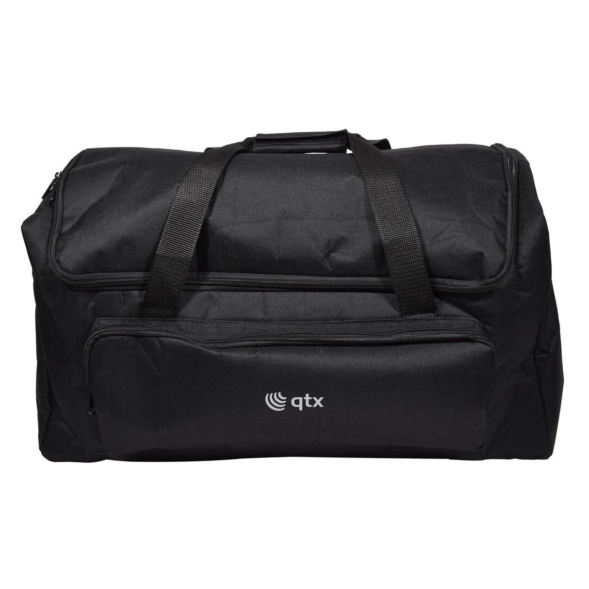 QTX General Equipment Bag comes in black and includes a front zippered pocket, side handles, and a QTX logo printed on the front. It also offers compartment separators for organized storage.
