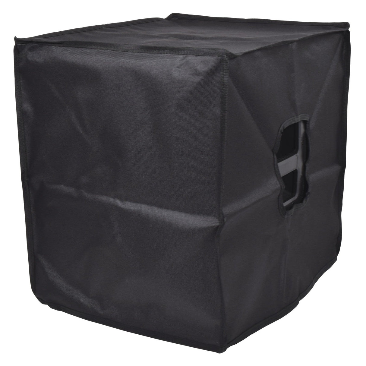 The Citronic CASA-12B Speaker Slip Cover is a black fabric cover crafted for square or rectangular PA cabinets, equipped with a flap-covered handle on one side. The material seems sturdy and water-resistant, complemented by tidy stitching along the edges.