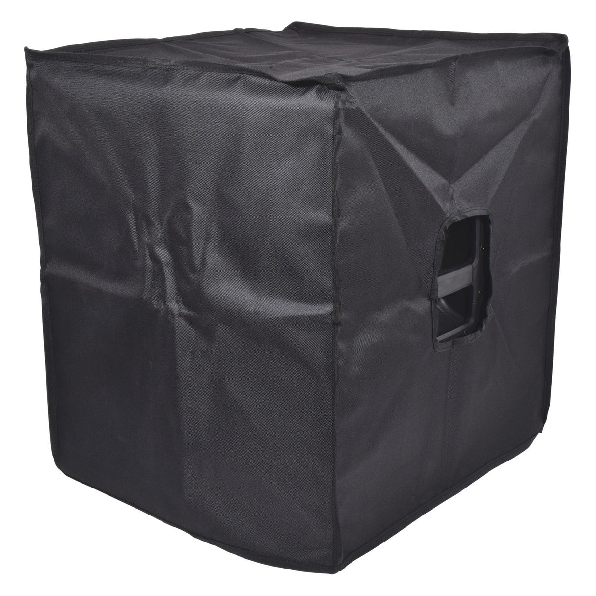 The Citronic CASA-15B Speaker Slip Cover is a black fabric, cube-shaped protective cover with a handle opening on one side. Part of the Citronic CASA protective covers line, it's water-resistant and slightly wrinkled, designed to fit over equipment or appliances for safe storage or transport.