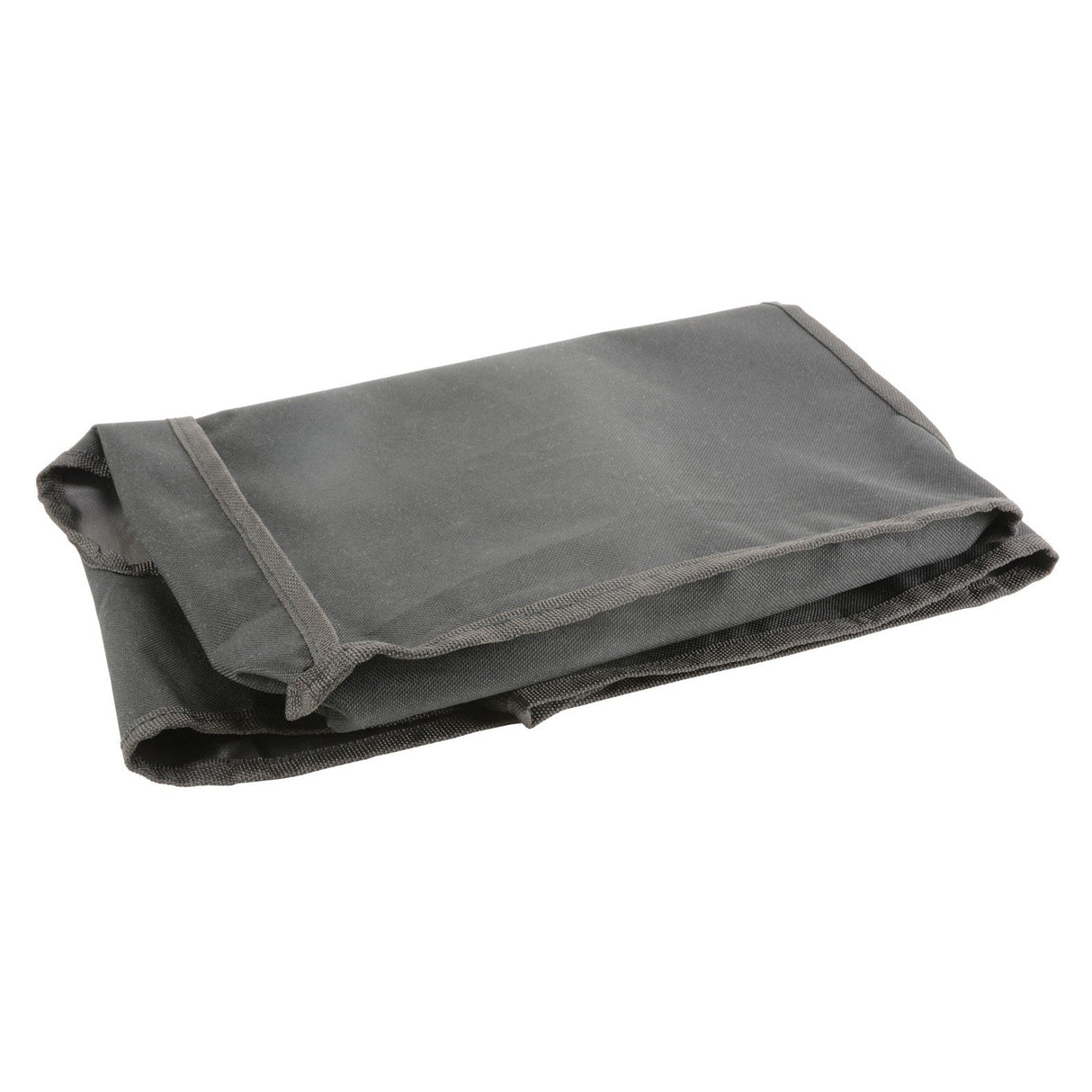 Folded gray QTX Busker-10 Speaker Slip Cover with reinforced edges, lying flat, ideal as a protective cover for portable PA systems.