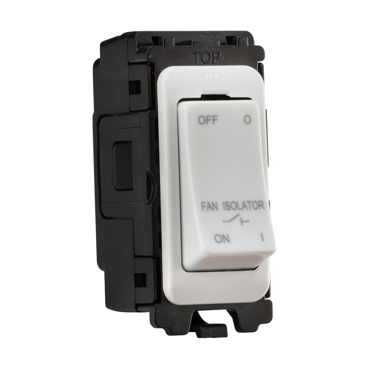 Detailed view of the 10A Fan Isolator Switch Module featuring a white switch with a black frame. The switch has curved-edge controls labeled OFF and ON, indicated by O and I symbols, and the word "TOP" engraved at the top.