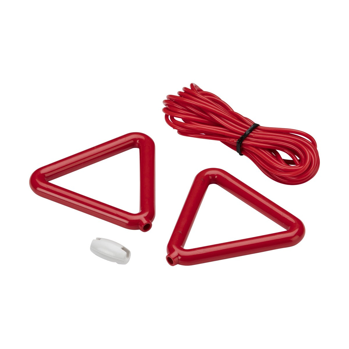 The 3M Red Pull Cord with Joint Union and two red bangles includes a white component near the handles. Its easy-to-clean design makes it ideal for infection control, as it can be effortlessly wiped clean to help prevent MRSA.
