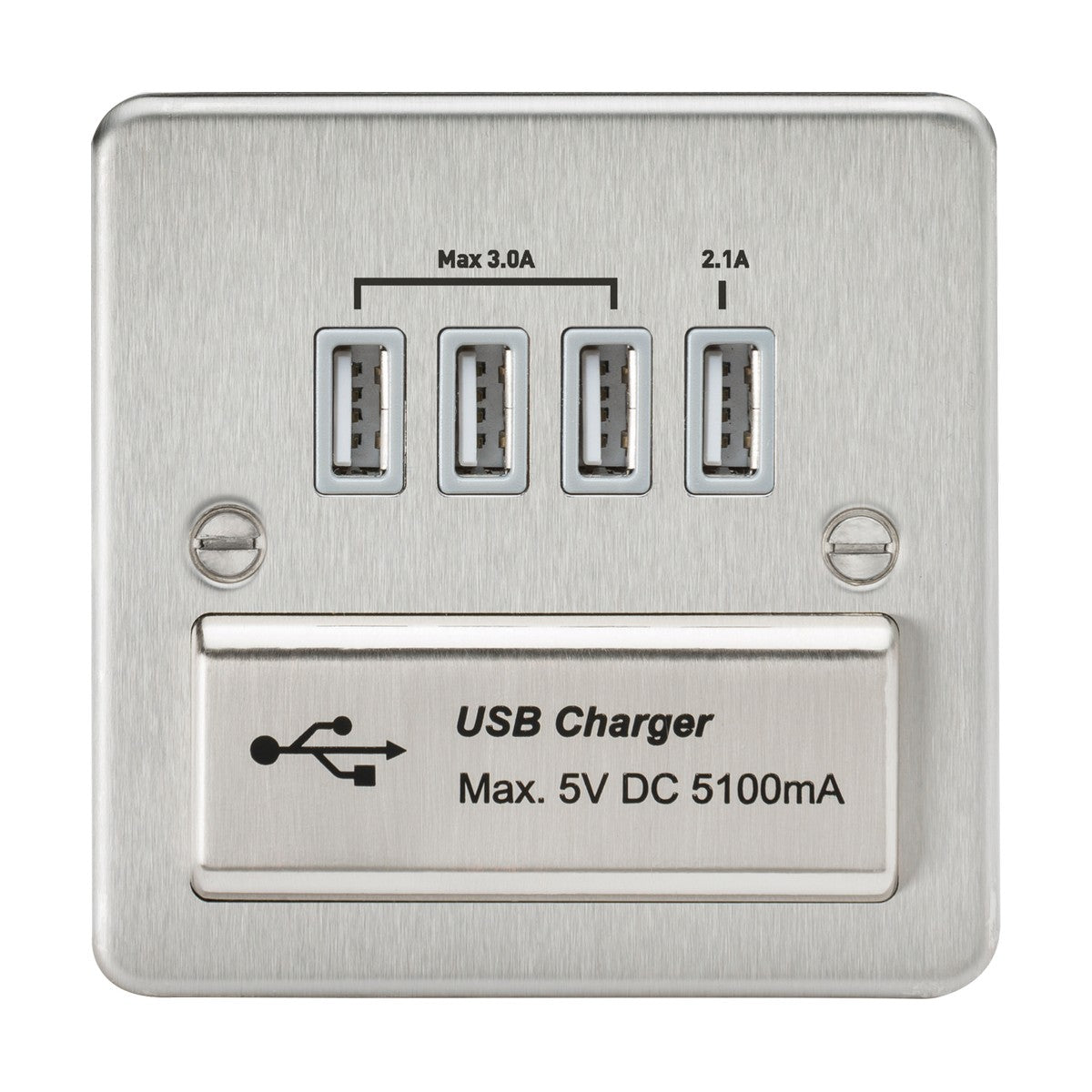 230V Quad USB-A Charger Outlet (5V DC 5.1A shared) - Brushed Chrome with Grey Insert