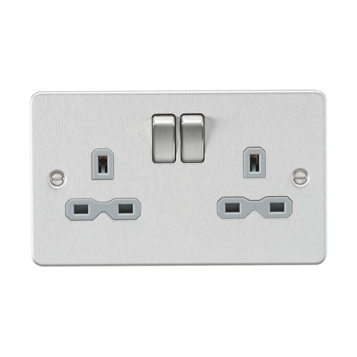 The 13A 2 Gang DP Switched Socket with Twin Earths in brushed chrome features a sleek flat plate design, complete with two plug outlets and vertical switches, making it a stylish choice for modern interiors.