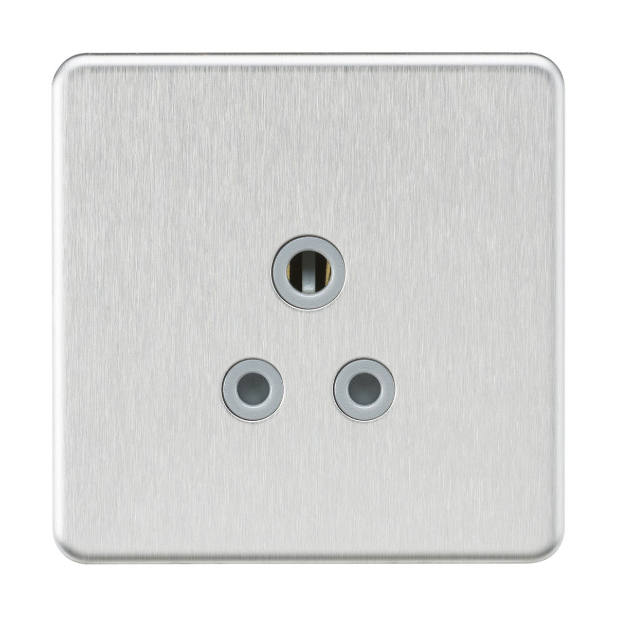 The 5A Unswitched Round Socket in Brushed Chrome with a Grey Insert is a screwless low profile electrical power outlet with a sleek, metallic finish. It features three circular holes arranged in a triangular pattern, designed for a 5A round pin socket with a grounding pin.