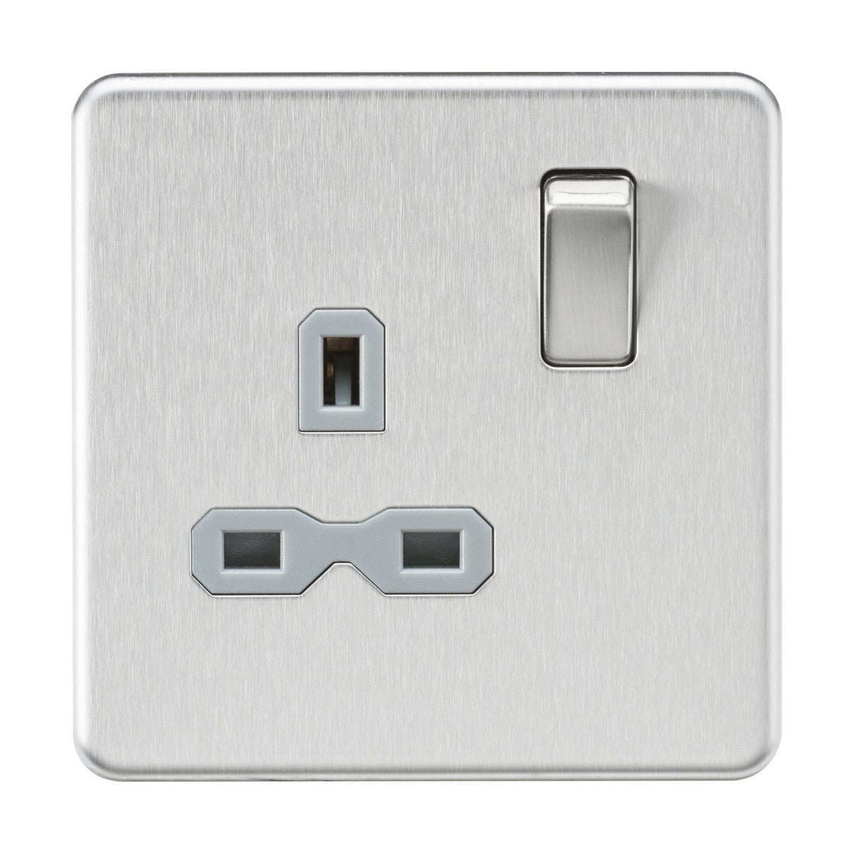 The 13A 1 Gang DP Switched Socket in brushed chrome features a sleek metallic electrical wall socket design. It includes a rectangular switch with a three-prong outlet and has a screwless metal design with a grey insert. The single toggle switch on the right side combines functionality with modern elegance.