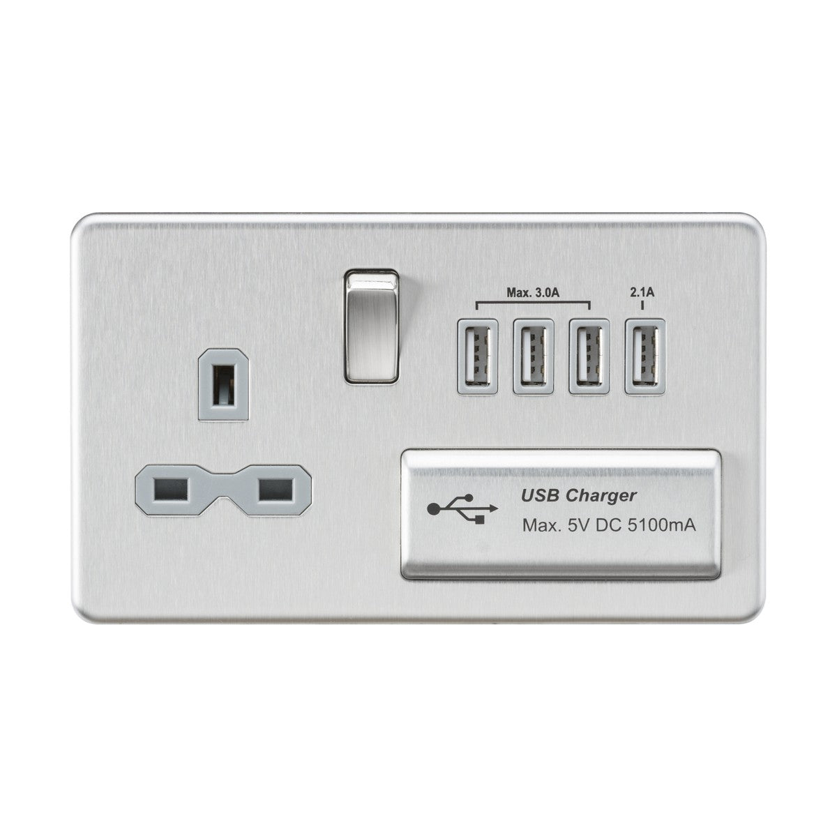 13A Switched Socket with Quad USB-A (5V DC 5.1A shared) - Brushed Chrome with Grey Insert