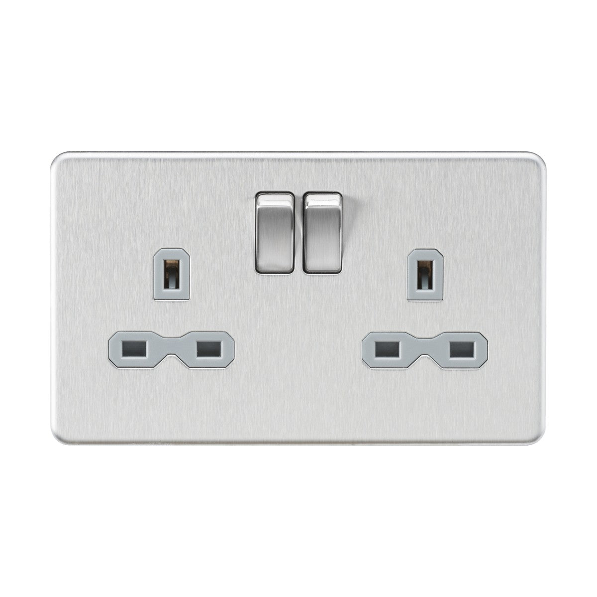 This screwless socket is a 13A 2 gang DP switched device featuring a low profile design and a brushed chrome finish with a grey insert. It includes two sets of three rectangular holes, making it ideal for plugging in electrical devices commonly used in the UK.