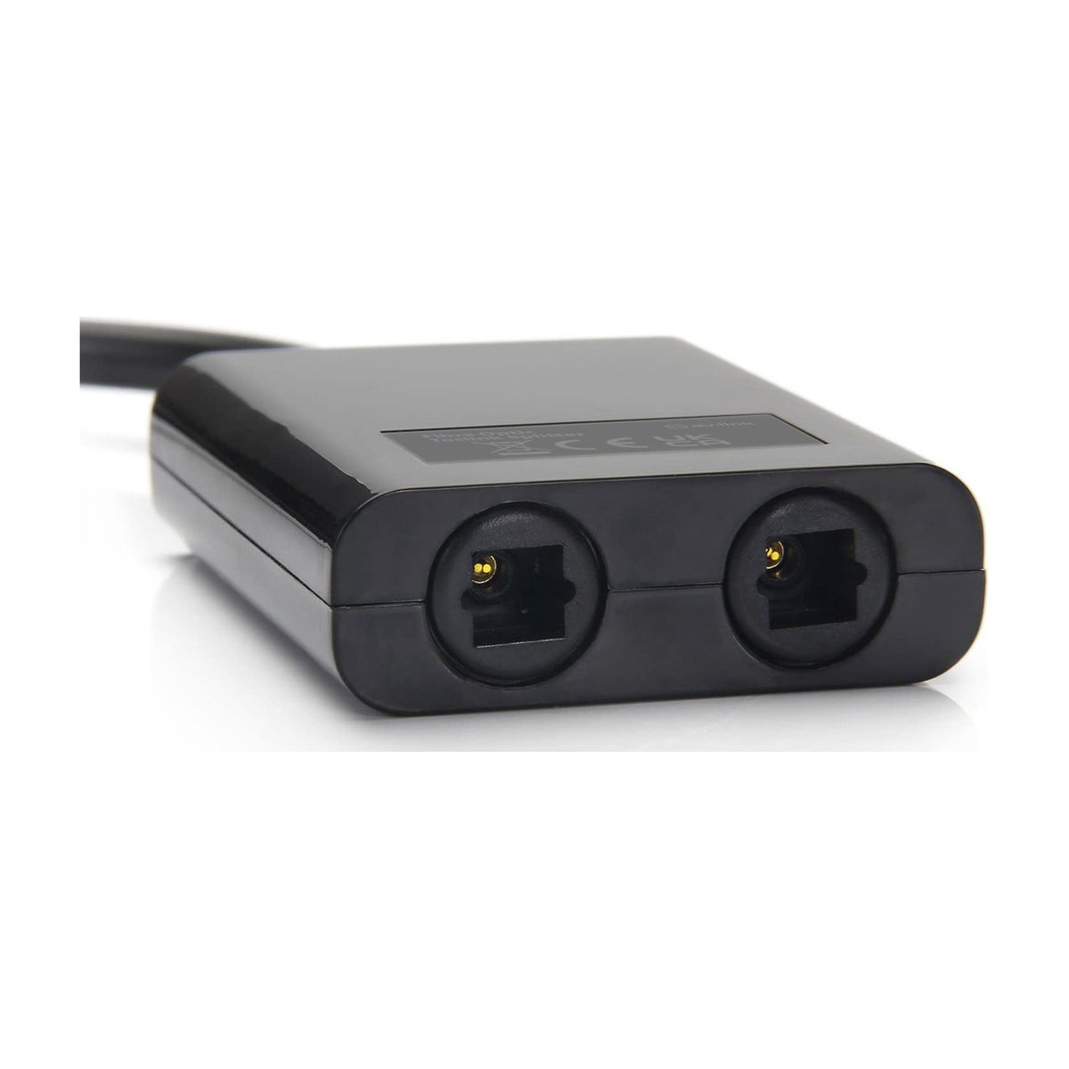 AV:Link fibre optic Toslink splitter in black plastic casing with two gold-plated optical output ports and attached cable, shown on a white background.