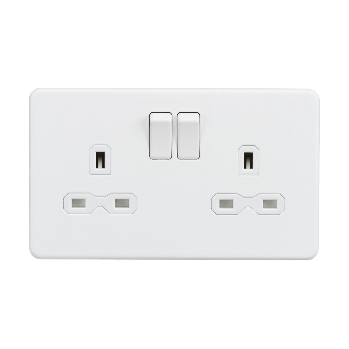 The 13A 2 Gang DP Switched Socket, featuring two switches for dual three-pin outlets, offers a sleek screwless design with a minimalist matt white finish that blends seamlessly into any plain backdrop.