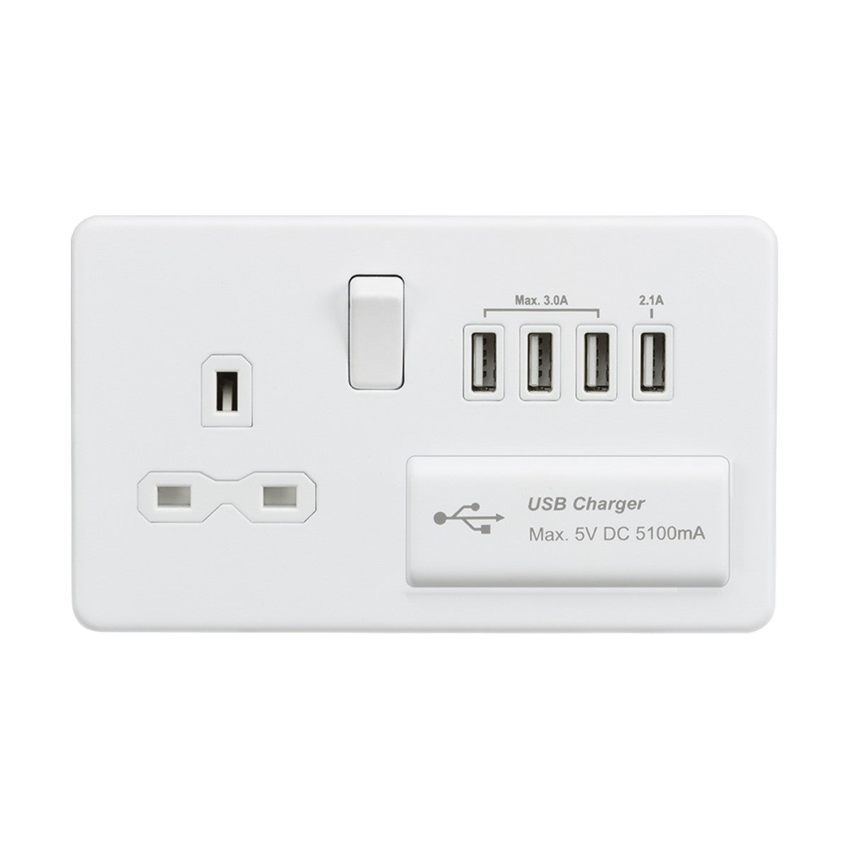 13A Switched Socket with Quad USB-A (5V DC 5.1A shared) - Matt White with White Insert