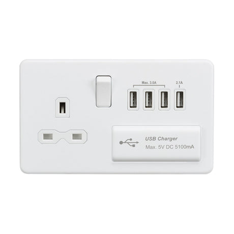 13A Switched Socket with Quad USB-A (5V DC 5.1A shared) - Matt White with White Insert
