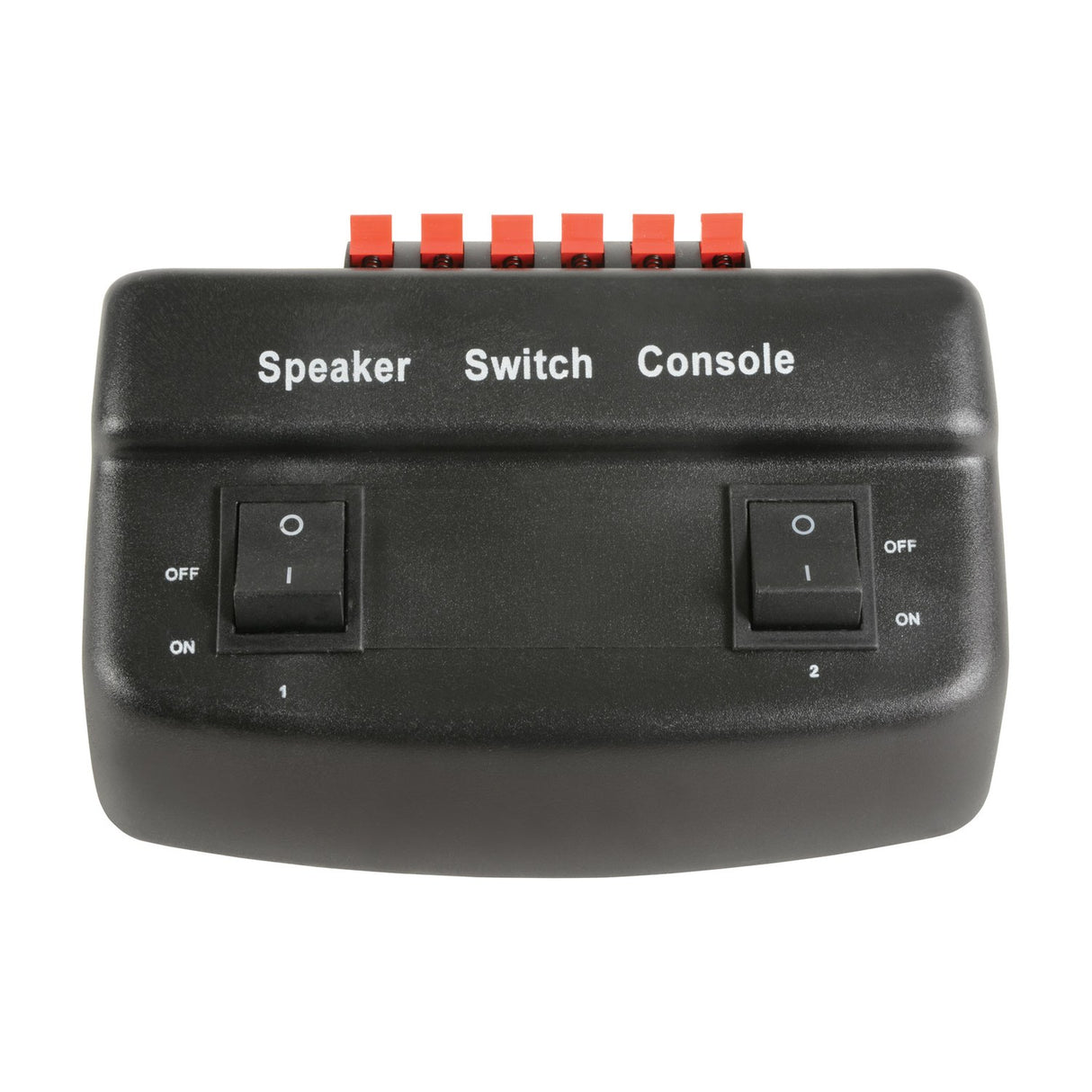 AV:Link AD-SPK21 2-way loudspeaker selector switch in black with two ON/OFF rocker switches and six red spring clip terminals on a white background.