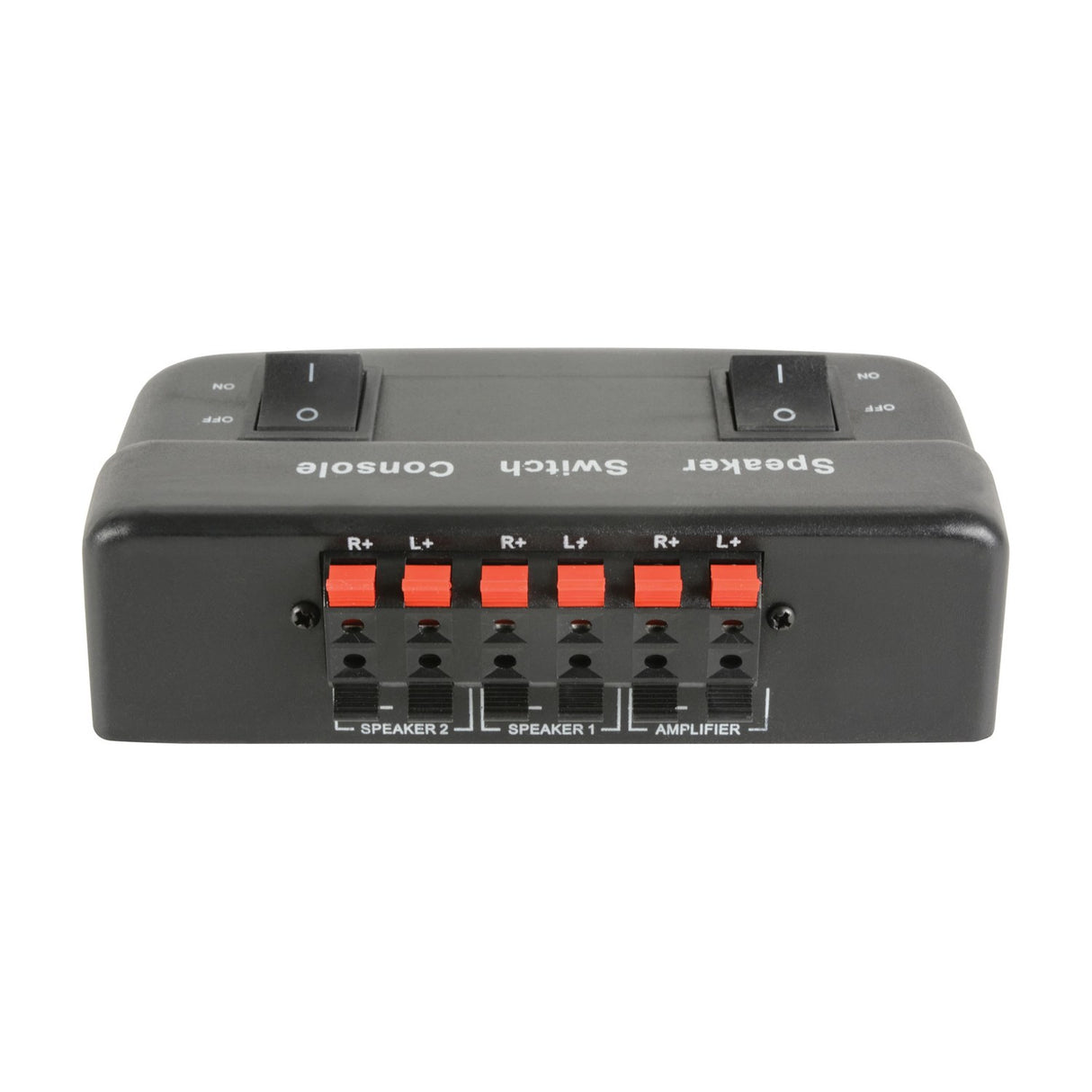 AV:Link AD-SPK21 2-way loudspeaker selector switch by AVSL, front view showing red and black spring clip terminals for two speaker pairs and amplifier.