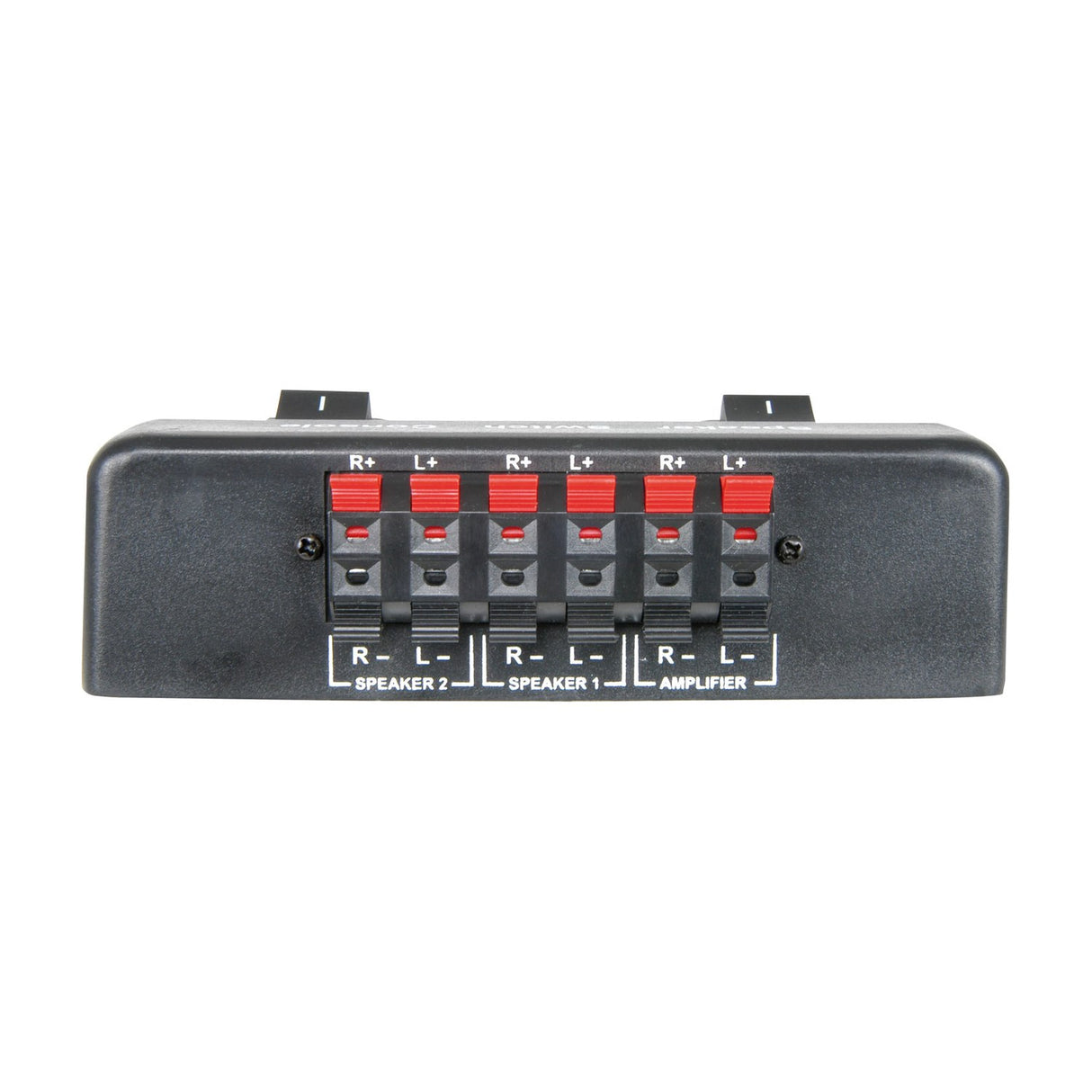 AV:Link AD-SPK21 2-way loudspeaker selector switch by AVSL, showing red spring clip terminals labelled for Speaker 2, Speaker 1 and Amplifier.
