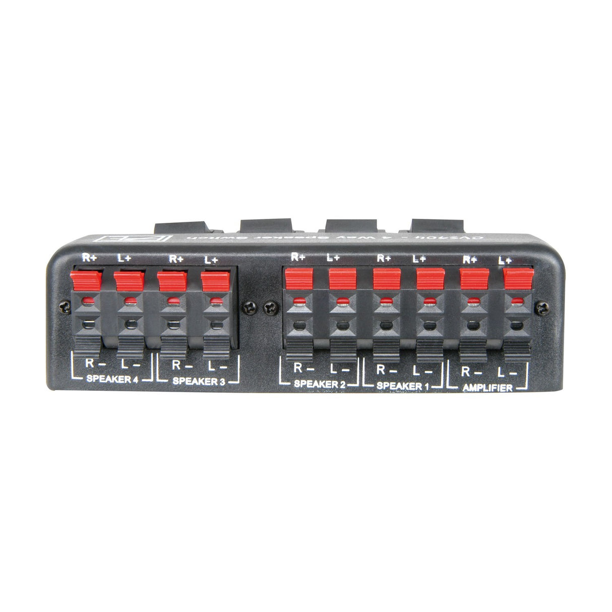 AV:Link AD-SPK42 4-way loudspeaker selector switch by AVSL, black casing with red and black spring clip terminals labelled for four speakers and amplifier.