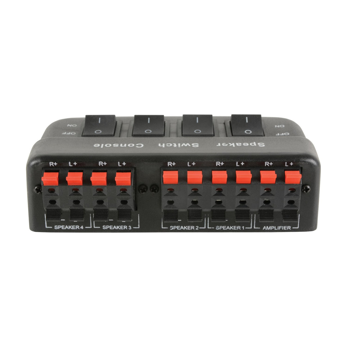 AV:Link AD-SPK42 4-way loudspeaker selector switch in black with red spring clip terminals for four speaker pairs and amplifier, rocker switches on top.