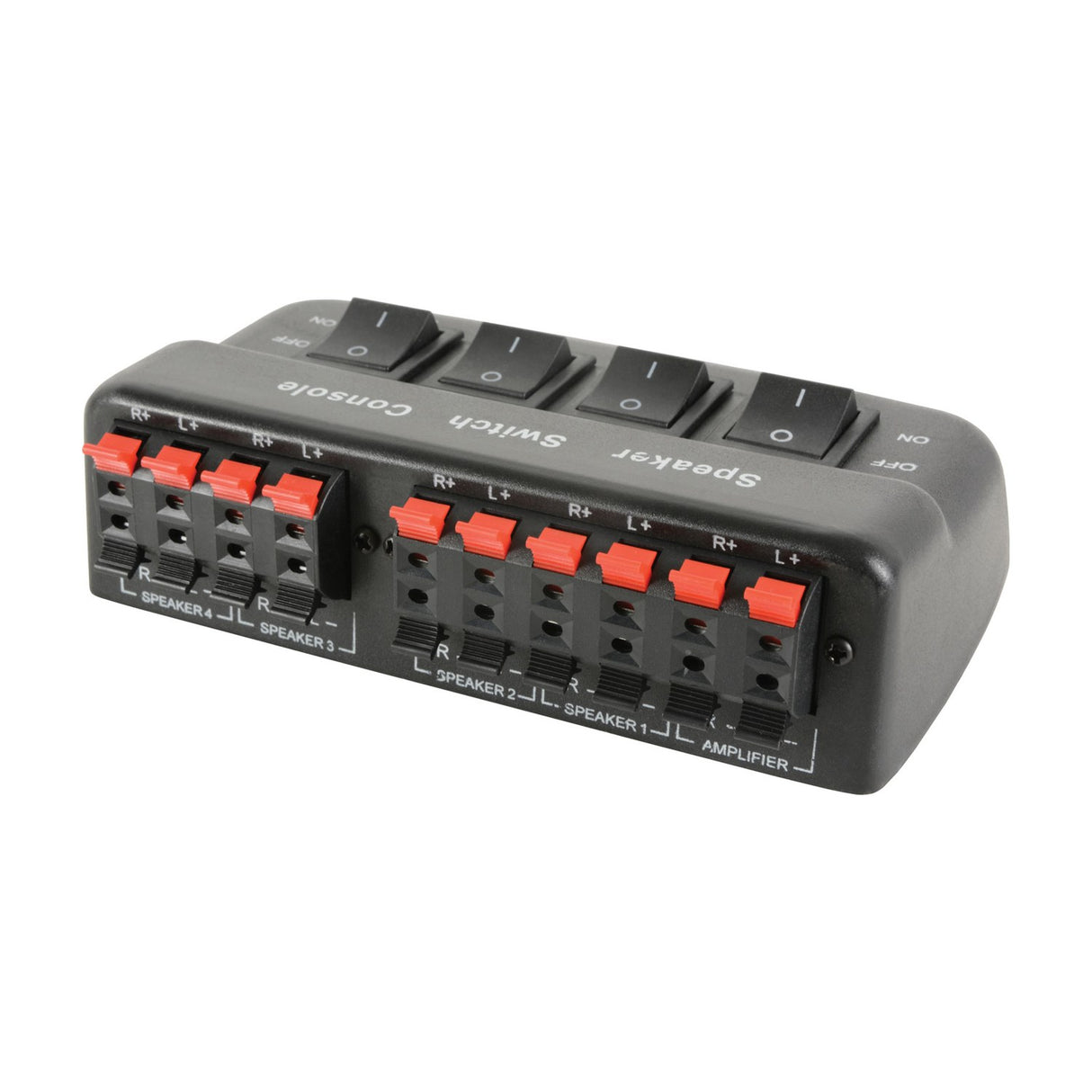AV:Link AD-SPK42 4-way loudspeaker selector switch in black casing with four rocker switches and red spring clip terminals for speaker and amplifier wiring.
