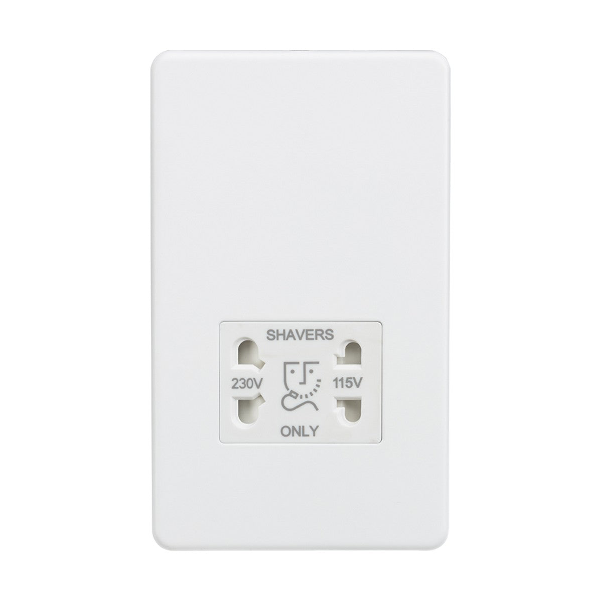 The 115/Dual Voltage Shaver Socket - Matt White features two outlets, labeled 230V and 115V, with SHAVERS above and ONLY below. Made of premium-grade steel, its simple design ensures durability, safety, and an IP41 rating for protection.