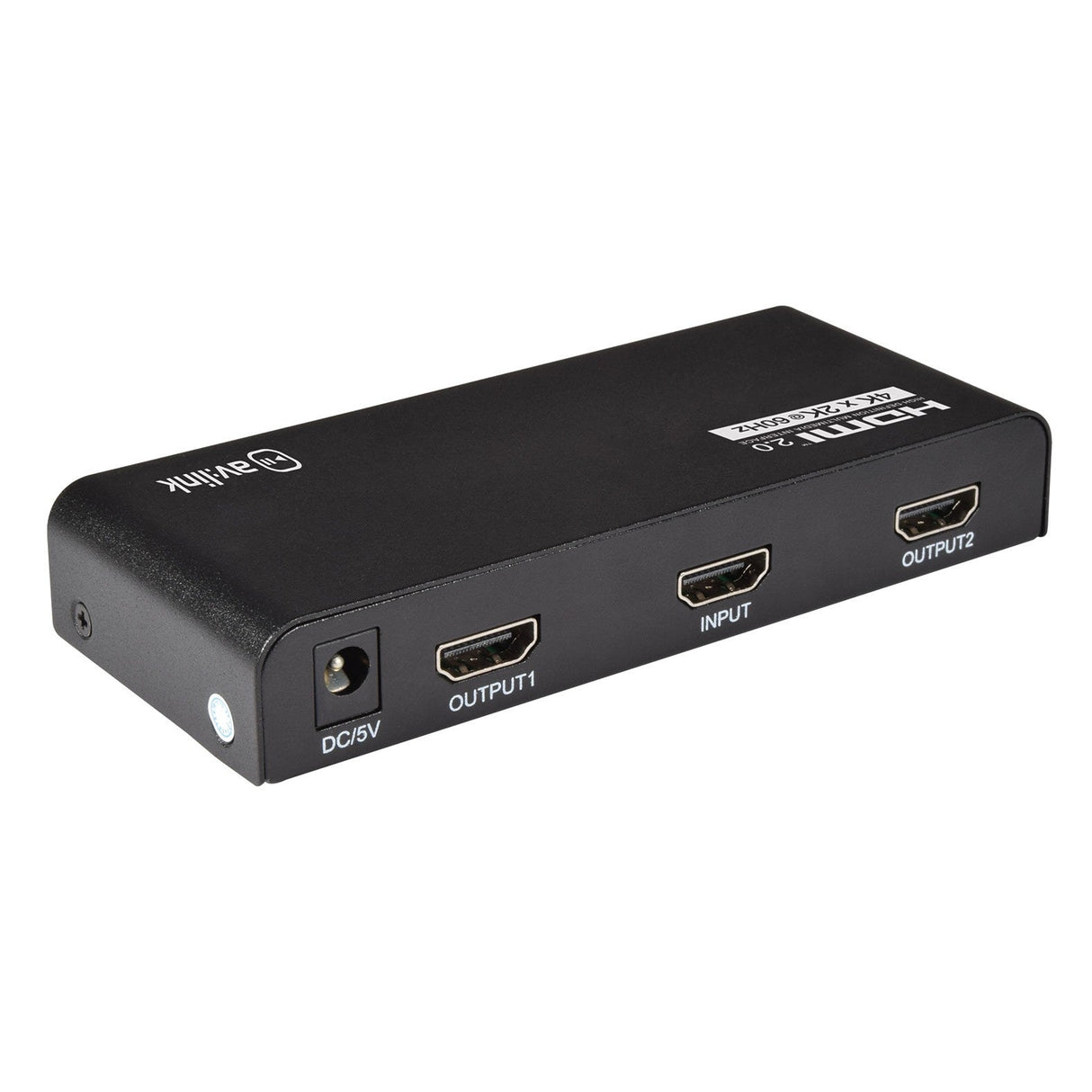 The AV:Link HDMI V2.0 4K Splitter, a black device with DC/5V power input, features three ports labeled as Output 1, Input, and Output 2. It supports HDMI resolutions up to 3840 x 2160 at 60Hz for multiple display setups and prominently displays the AV:Link branding and model information on its top surface.