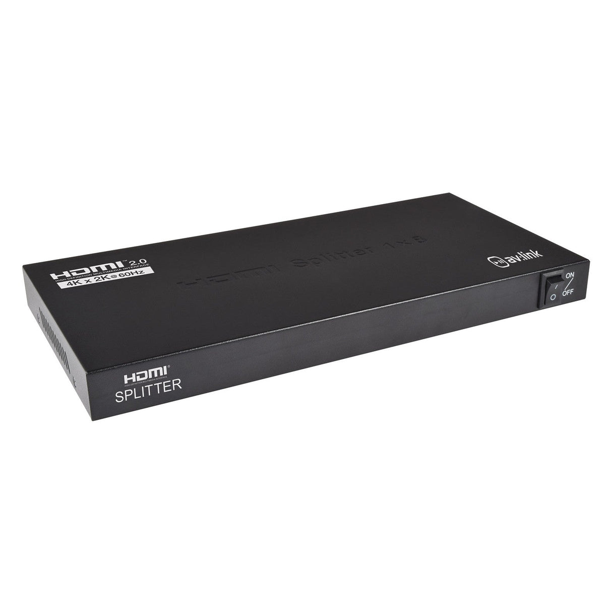 The AV:Link HDMI V2.0 4K Splitter (1 Port In 8 Ports Out) is a black HDMI splitter designed for digital TV boxes, featuring one input and eight output ports with "HDMI 2.0 Splitter 1x8" printed on it. It includes a power switch on the right side for added convenience.